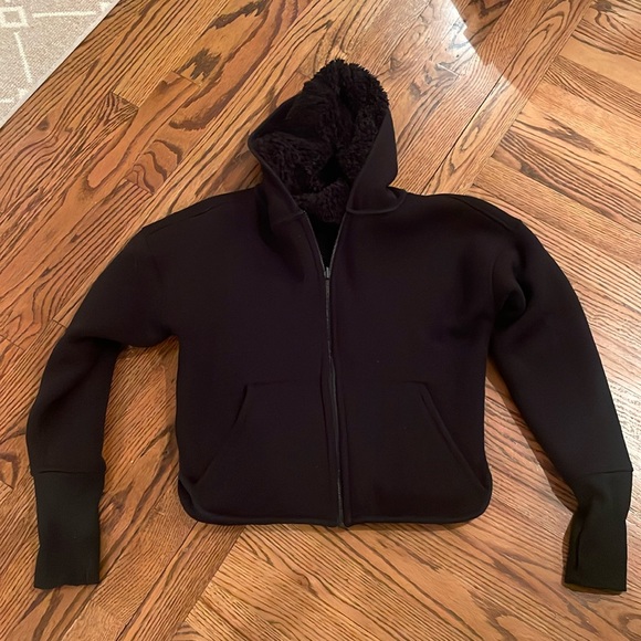 Athleta reversible black Sherpa zip front hooded jacket sz S - Picture 2 of 5